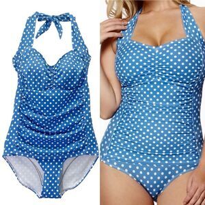 Ruby Ribbon Size 12 Blue White Polka Dot One Piece Swimsuit Halter Ruched Retro
